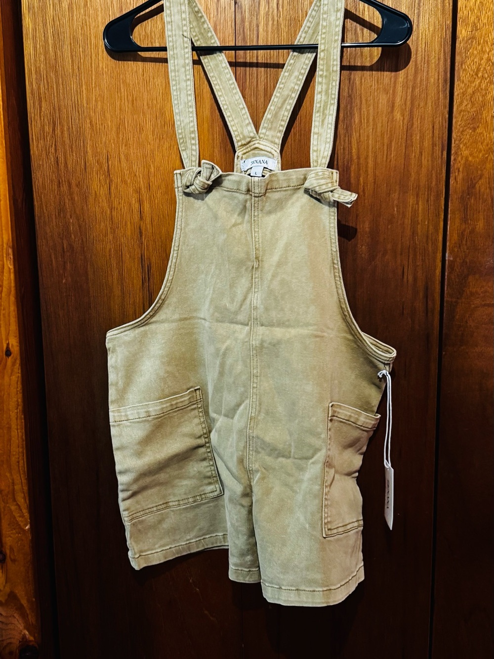 Zenana Outfitters Tan Short Canvas Overalls with Cross Straps